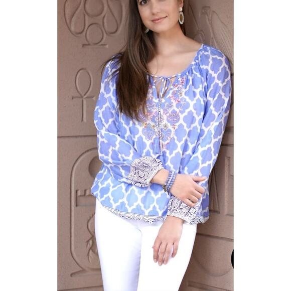 Sundance Blue Moroccan Trellis Print Beaded Peasant Top size Large - Picture 9 of 11